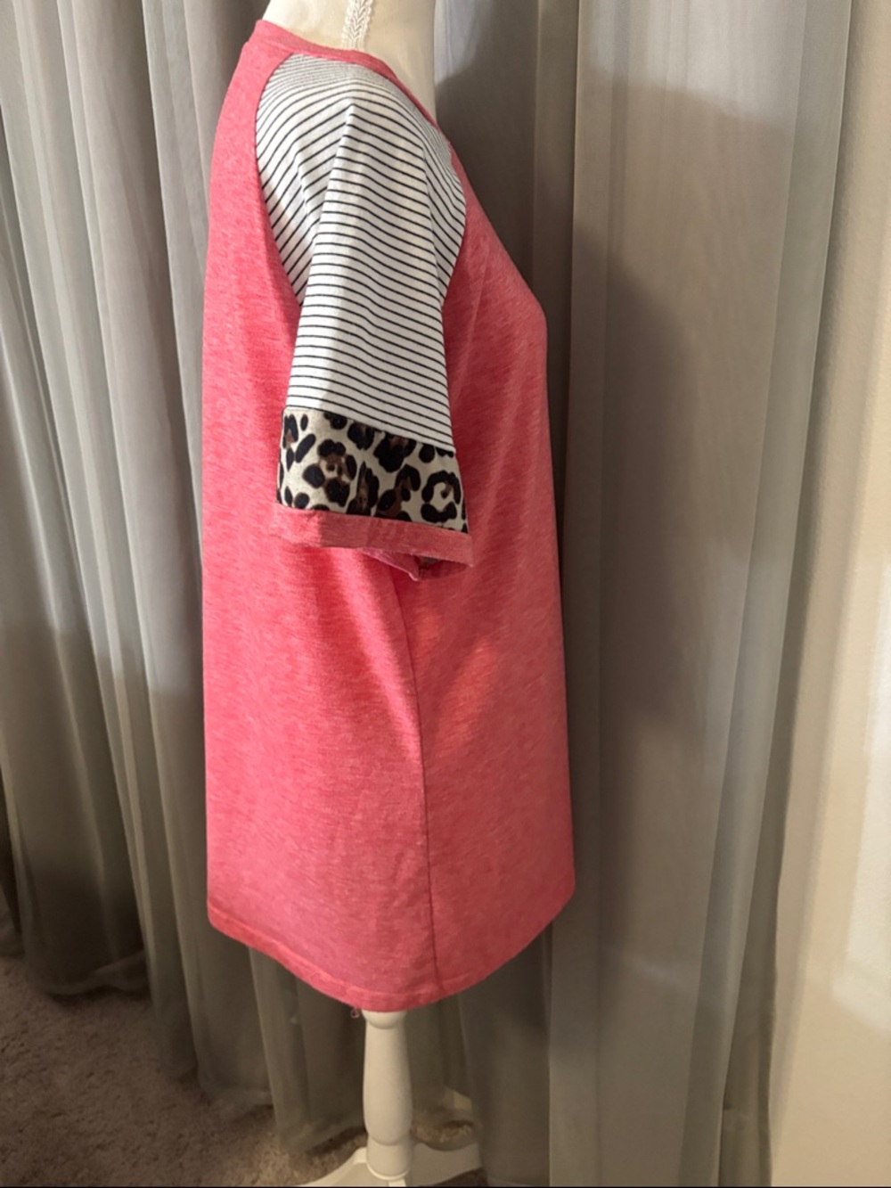 Coral Pink Short-Sleeve Raglan Tee with Striped & Leopard Trim - Picture 4 of 5